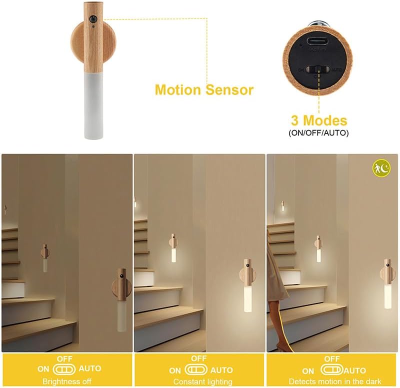 LANDGOO Wooden Motion Sensor Night Lights, Magnet Body Hallway Lamp, Rechargeable LED Wall Sconces, Portable for Stairway Bedroom…