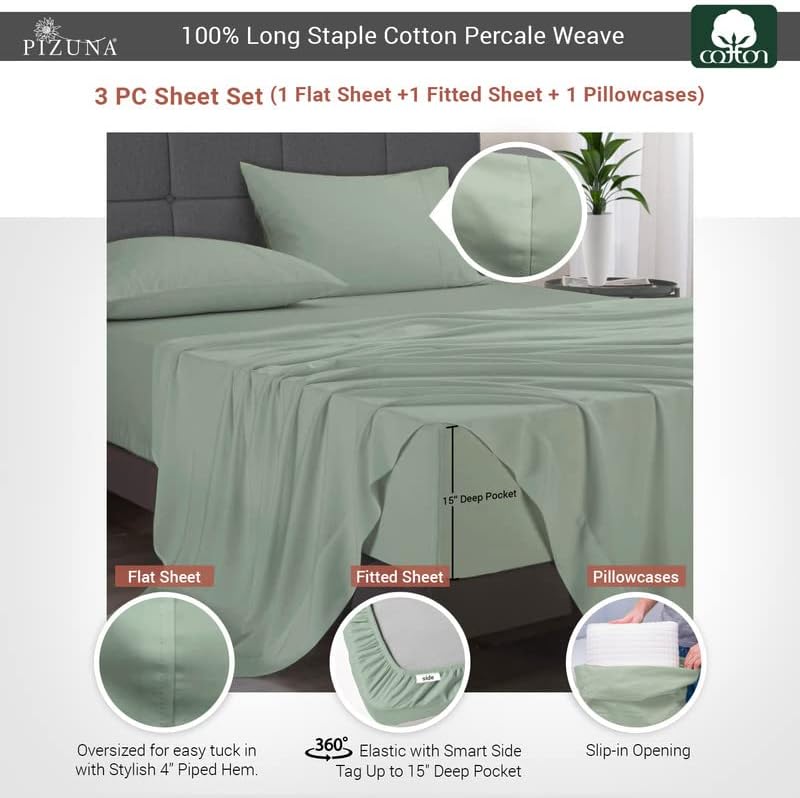 Pizuna 100% Cotton Twin XL Sheets Set - Crisp, Breathable Percale Weave Bed Sheets - Fully Elasticized 15" Deep Pocket Cooling Sheet - Long…