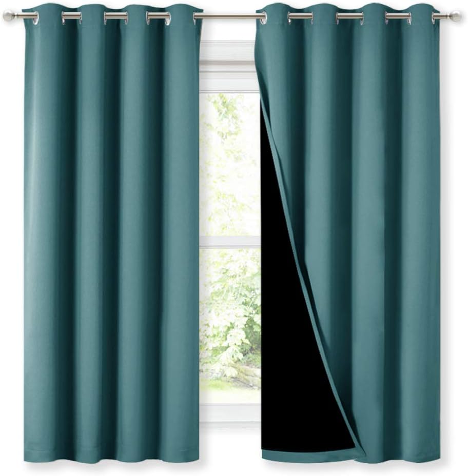 Nicetown 100% Blackout Blinds, Set of 2, 46" x 45", Sea Teal, Laundry Room Decor Window Treatment Curtains for Large Patio Sliding Door, Th…