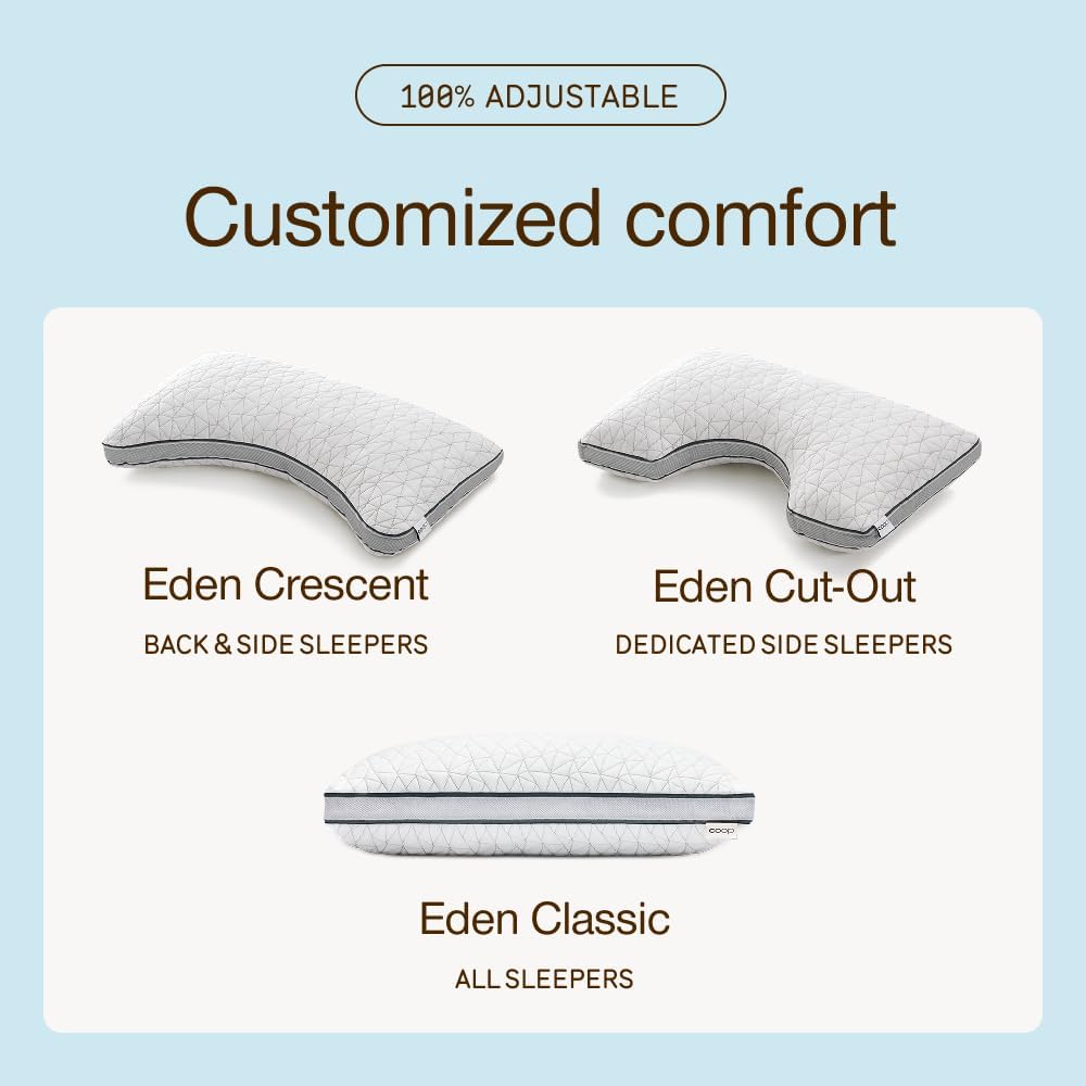 CoopSleepGoods Coop Home Goods Eden Crescent Bed Pillow for Side & Back Sleepers, Queen Size, Adjustable Medium Soft Memory Foam Pillow wit…