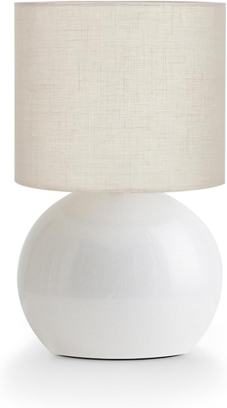 Modern White Small Table Lamp with Cotton Linen Shade, 10.4-inch LED Desk Light, One-Button Switch for Bedroom, Living Room, Nightstand…