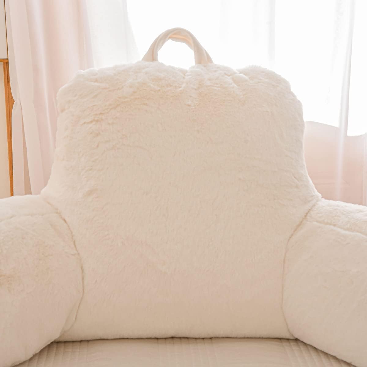 Ntbed Faux Fur Reading Pillow Large Adult Teens Back Rest Pillow with Arms, Bedrest Pillow for Sitting Up in Bed (Ivory, Large) 6 inches Whi…