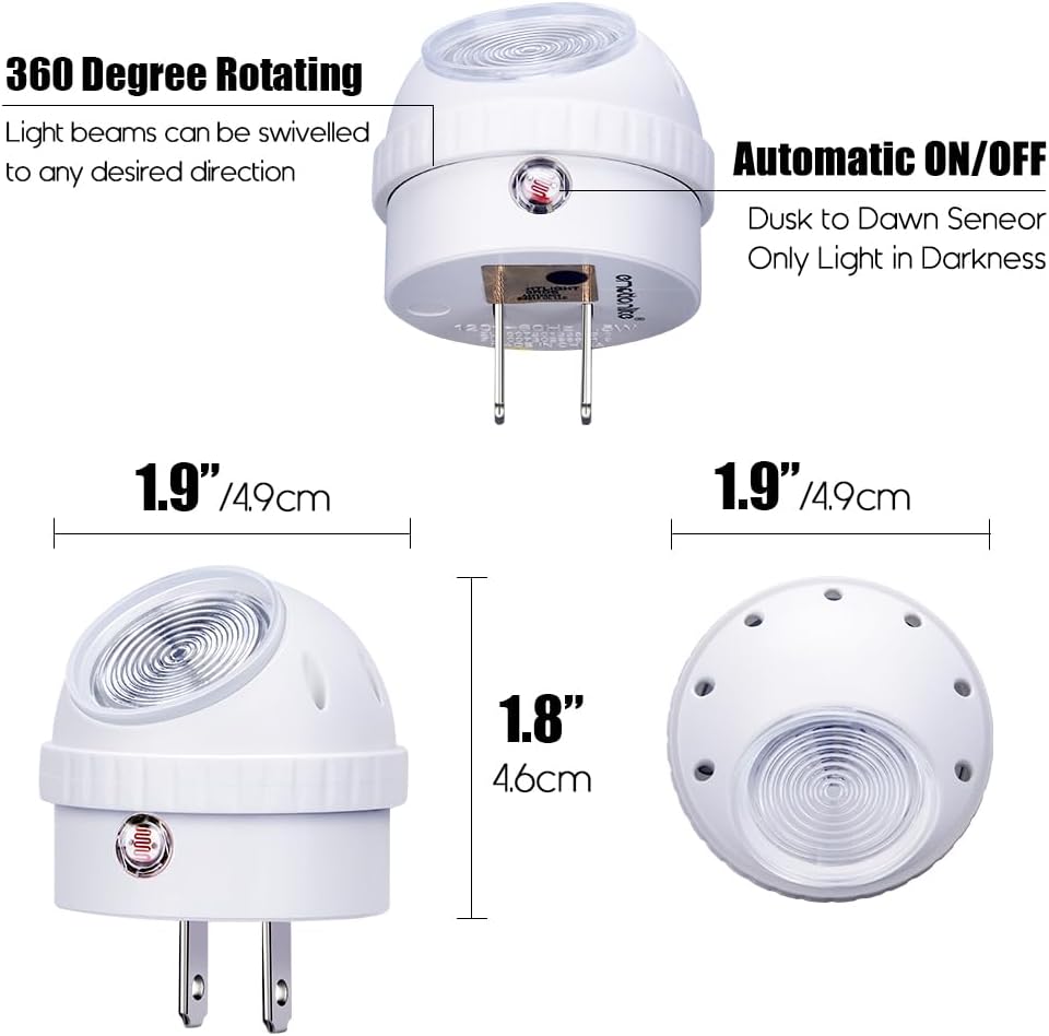 Emotionlite Plug-in Night Lights, Warm White LED Nightlight, 360° Rotation, Dusk to Dawn Sensor, Kids, Adult, Bedroom, Hallway…