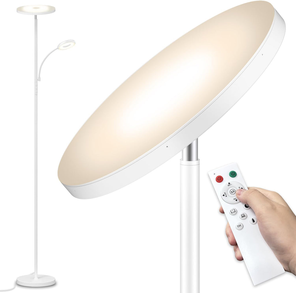 Marctronic White Floor Lamp, 42W 4000LM Super Bright LED Room Lamp with Adjustable Reading Light, Dimmable Modern Standing Lamp with Remote…
