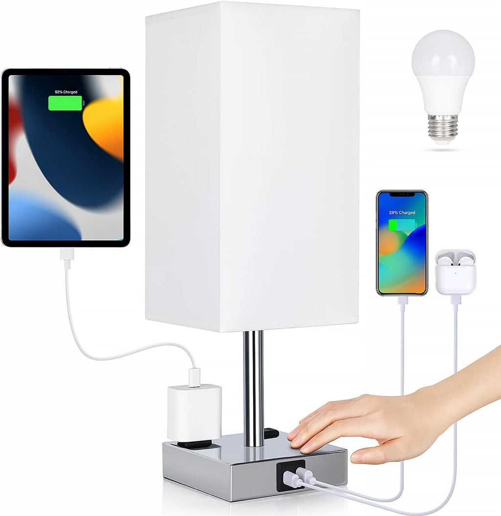 Bedside Lamp with USB Ports - Touch Control Table Lamp for Bedroom with USB C+A Charging Ports & AC Outlets, 3 Way Dimmable Nightstand…