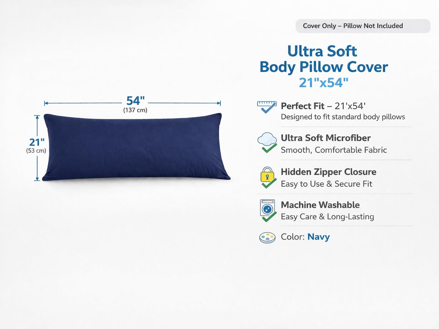 EVOLIVE Ultra Soft Body Pillow Cover 21"x54", Cozy Microfiber Pillowcase with Hidden Zipper, Breathable, Perfect for Pregnancy & Side…
