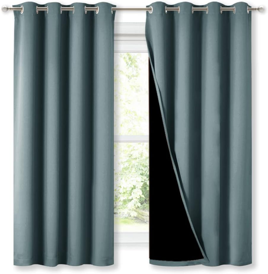Nicetown Extra Long Truly Blackout Drapes for Hall and Villa, 46-inch Width Each Panel, 45-inch Length, Greyish Blue, 2 Pieces, 100% Blacko…