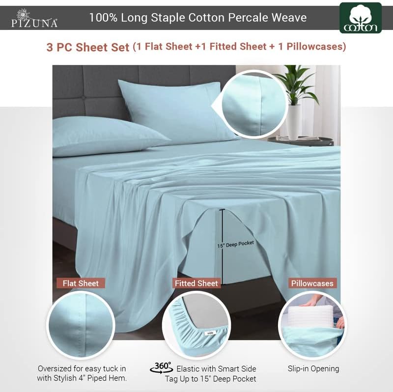 Pizuna 100% Cotton Twin XL Sheets Set - Crisp, Breathable Percale Weave Bed Sheets - Fully Elasticized 15" Deep Pocket Cooling Sheet - Long…