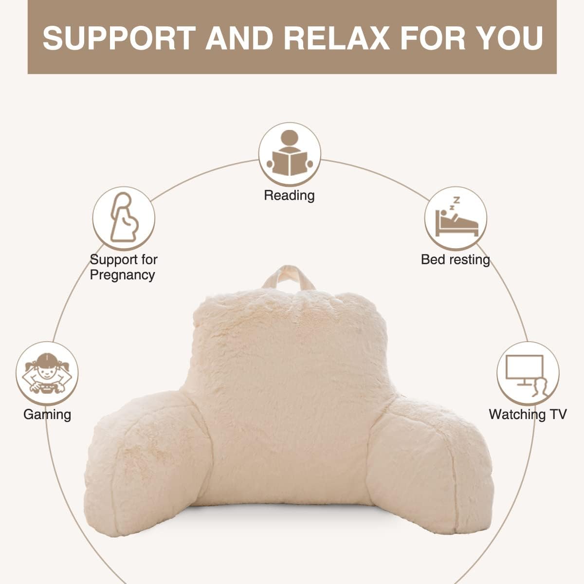 Ntbed Faux Fur Reading Pillow Large Adult Teens Back Rest Pillow with Arms, Bedrest Pillow for Sitting Up in Bed (Ivory, Large) 6 inches Whi…