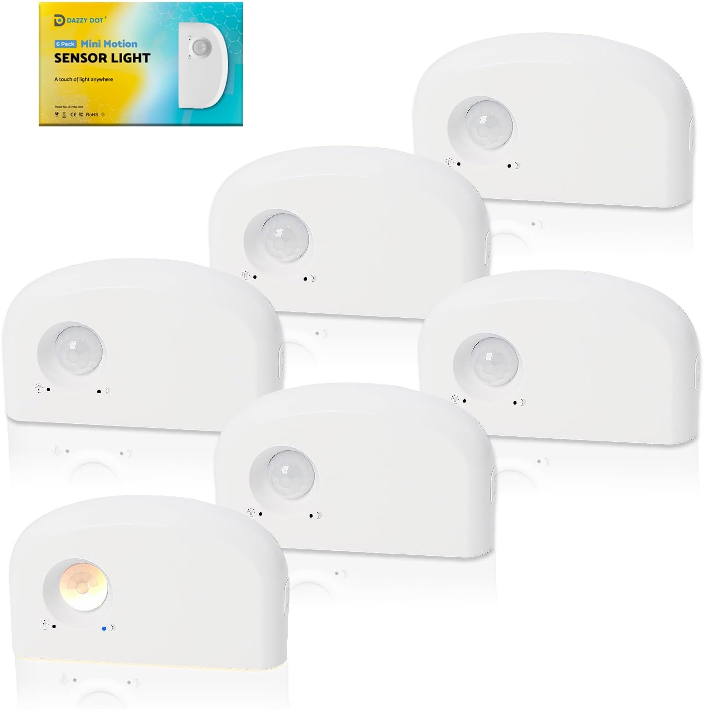 Dazzydot Mini Stair Lights Motion Sensor Indoor, Battery Operated Night Light, Warm White, Rechargeable Magnetic Dimmable Stick-On Wireless…