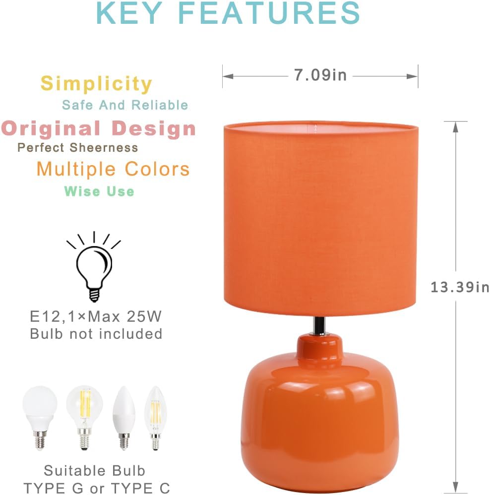 Oslo Small Ceramic Table Lamp for Living Room and Bedroom, Modern Kids Night Table Lamp, Φ7.09×H13.39IN, Bulb Excluded, Orange