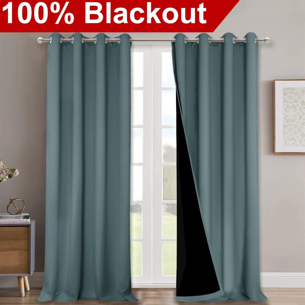 Nicetown 100% Blackout Blinds, Set of 2, 46" x 102", Greyish Blue, Laundry Room Decor Window Treatment Curtains for Large Patio Sliding Doo…