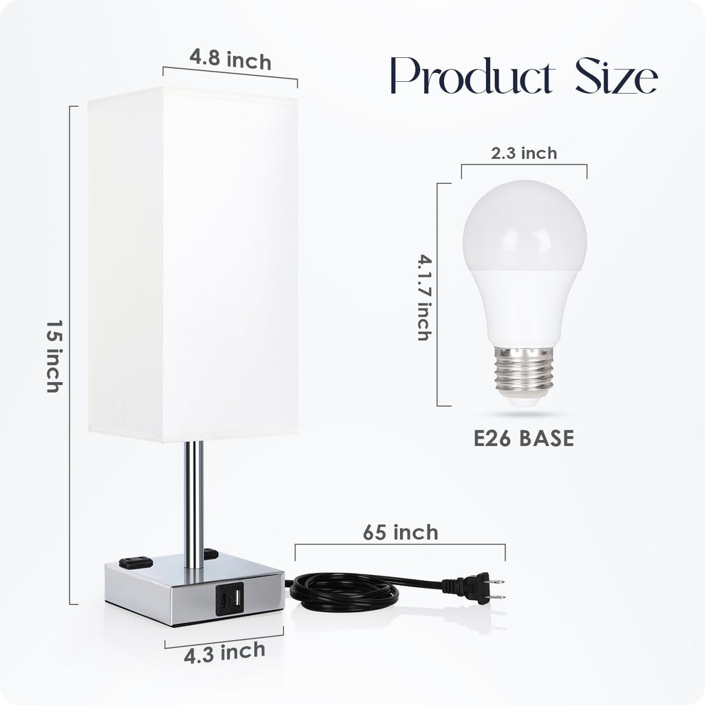 Set of 2 Bedside Table Lamp 3 Way Dimmable Nightstand Lamp with USB C & USB A Charging Port, 2 AC Outlets, 3000K LED Bulbs (White)