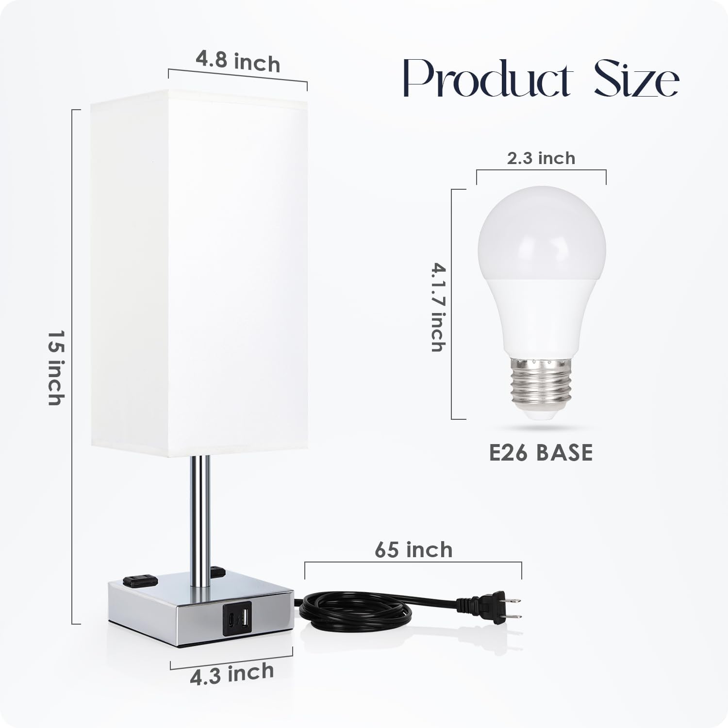 Set of 2 Bedside Table Lamp 3 Way Dimmable Nightstand Lamp with USB C & USB A Charging Port, 2 AC Outlets, 3000K LED Bulbs (White)