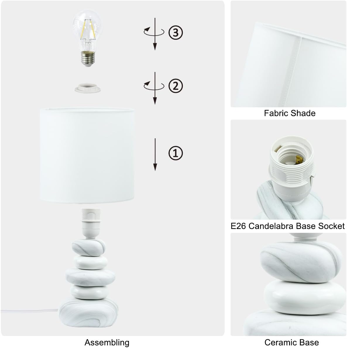 Stoney Ceramic Table Lamp for Living Room as Modern Kids Night Bedside Table Lamp for Bedroom, Φ7.09×H13.58IN, Bulb Excluded, Light Marble