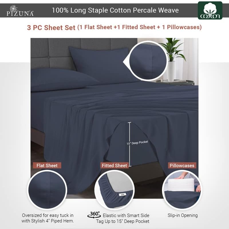 Pizuna 100% Cotton Twin XL Sheets Set - Crisp, Breathable Percale Weave Bed Sheets - Fully Elasticized 15" Deep Pocket Cooling Sheet - Long…