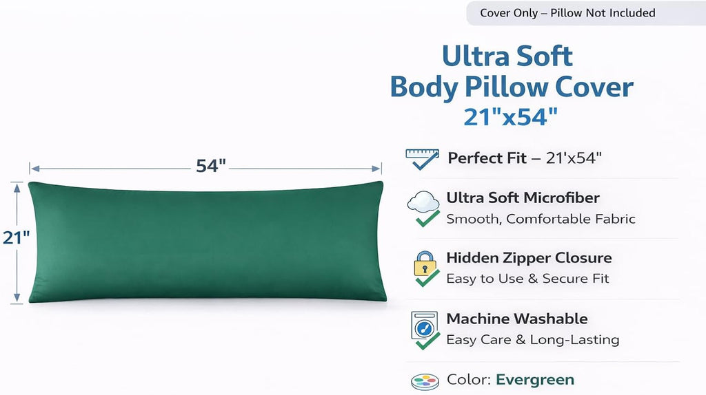 Evolive Ultra Soft Microfiber Body Pillow Cover/Pillowcases 21"x54" with Hidden Zipper Closure (21"x54" Body Pillow Cover, Evergreen)