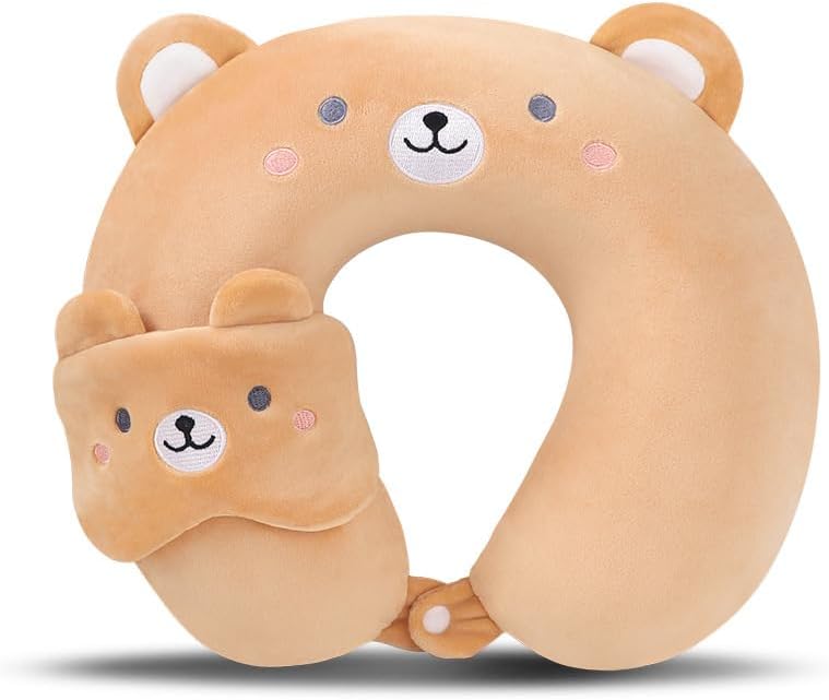 MissSoul Kids Neck Pillow for Travel with Sleep Eye Mask, Cute Travel Neck Pillow, Memory Foam Flight Sleeping Headrest Pillow for Boys & G…