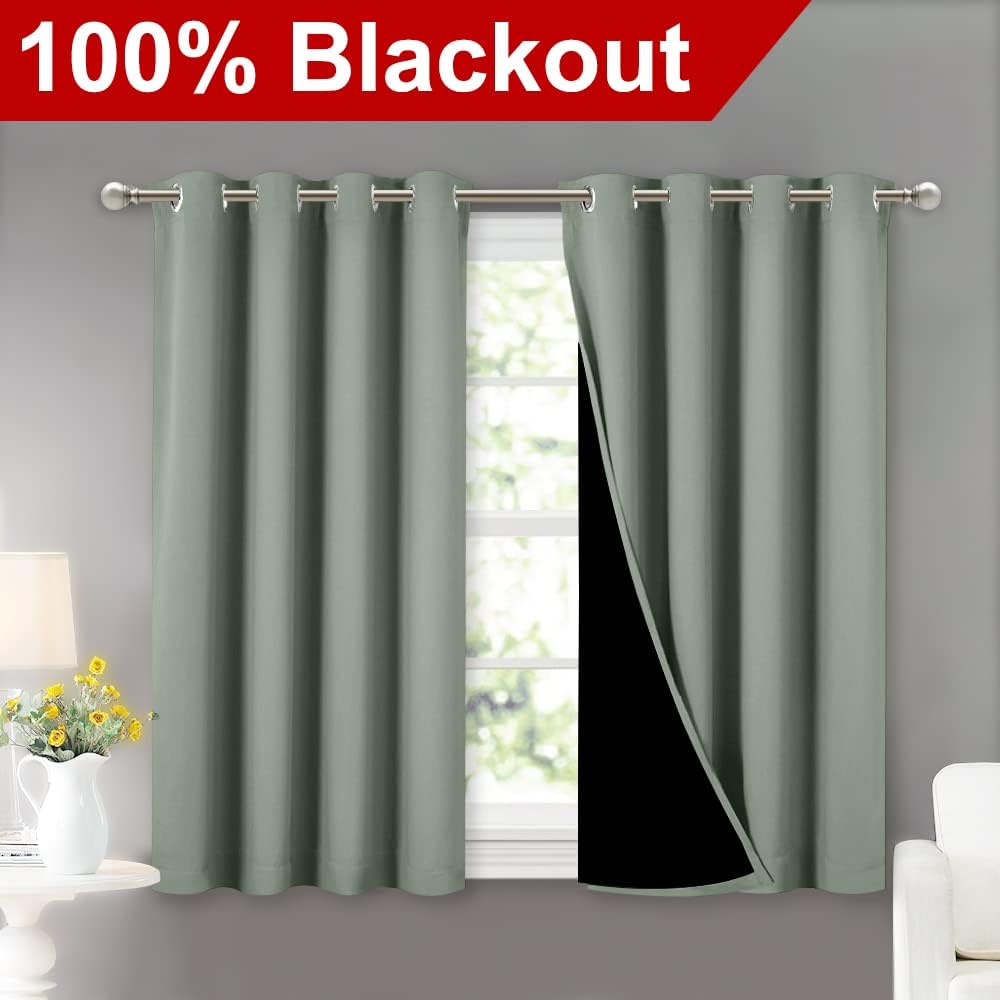 Nicetown Greyish Green 100% Blackout Curtains 45 inches Long, 2 Thick Layers Completely Blackout Window Treatment Thermal Insulated Lined D…