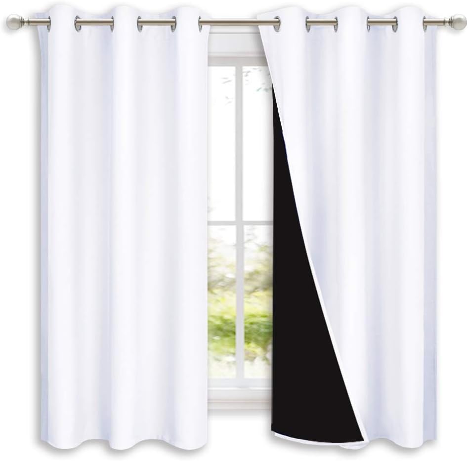 Nicetown Pure White 100% Blackout Lined Curtains, 2 Thick Layers Completely Blackout Window Treatment Panels Thermal Insulated Drapes for K…