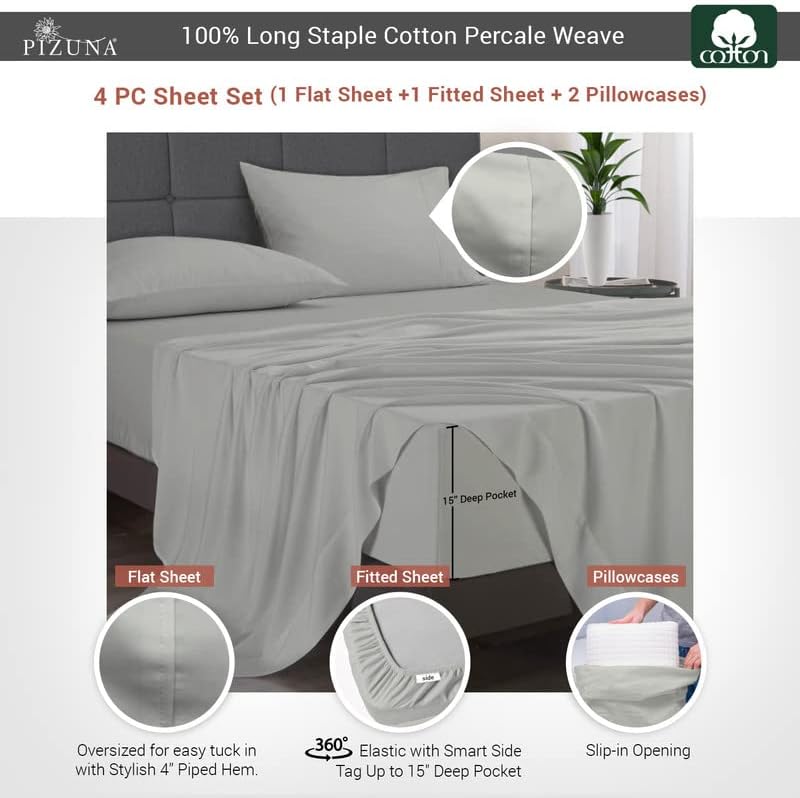Pizuna 100% Cotton Full Sheets Set - Crisp, Breathable Percale Weave Bed Sheets - Fully Elasticized 15" Deep Pocket Cooling Sheet - Long St…