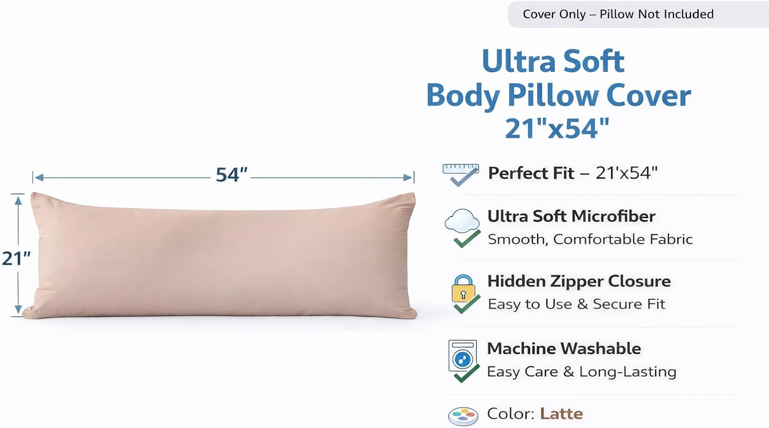 EVOLIVE Body Pillow Cover 21"x54", Ultra Soft Microfiber Pillowcase with Hidden Zipper, Breathable, Machine Washable, for Side Sleepers…