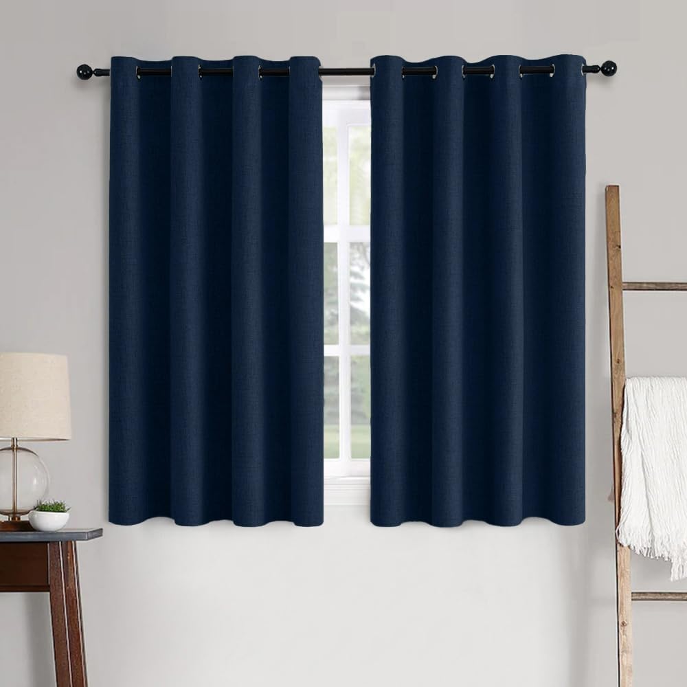 Miulee Linen Textured Curtains for Bedroom Solid 100% Blackout Thermal Insulated Midnight Blue Grommet Room Darkening Curtains & Drapes Lux…
