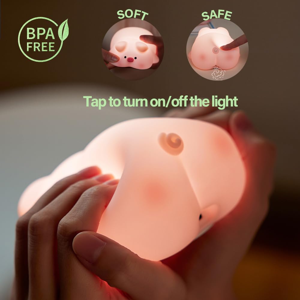 Cute Pig Night Light, 3 Level Dimmable Nursery Nightlight, Kawaii Lamps Squishy Silicone Rechargeable Touch Lamp, Best Gift for Kids…