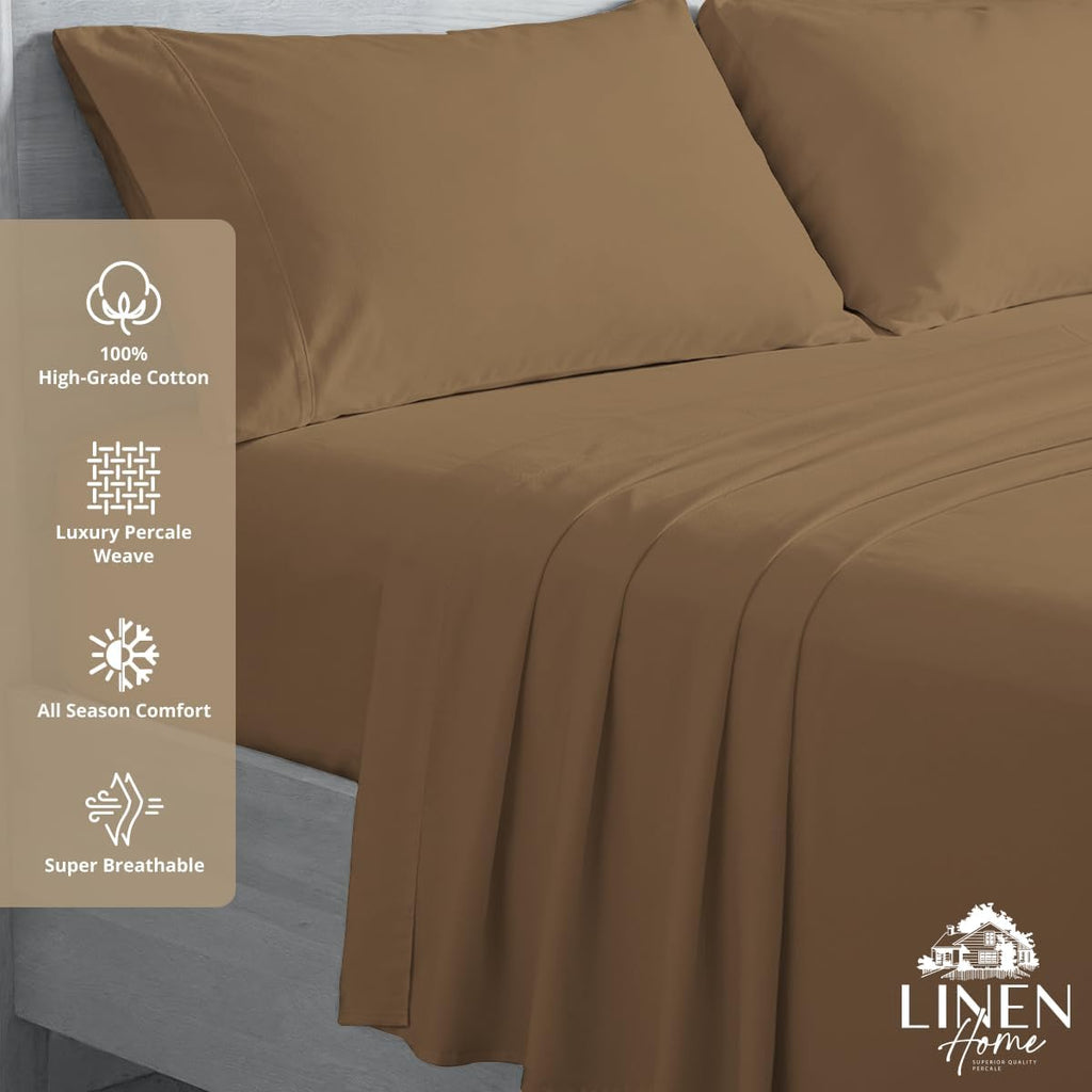 Linen Home 100% Cotton Percale Sheets Full Size, Earthy Brown, Deep Pocket, 4 Pieces Set - 1 Flat, 1 Deep Pocket Fitted Sheet and 2…
