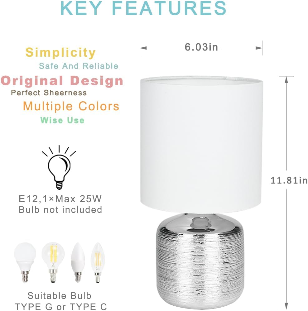 Beno Small Table Lamp, Modern Ceramic Base, Off White Fabric Shade, Bedside Lamp for Bedroom, Living Room, Kids Room, 11.81 Inch Height…