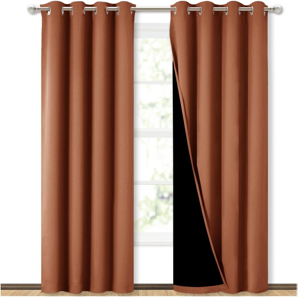 Nicetown Burnt Orange 100% Blackout Window Curtain Panels, Heat and Cold Blocking Drapes with Black Liner for Nursery, 84 inches Thermal In…