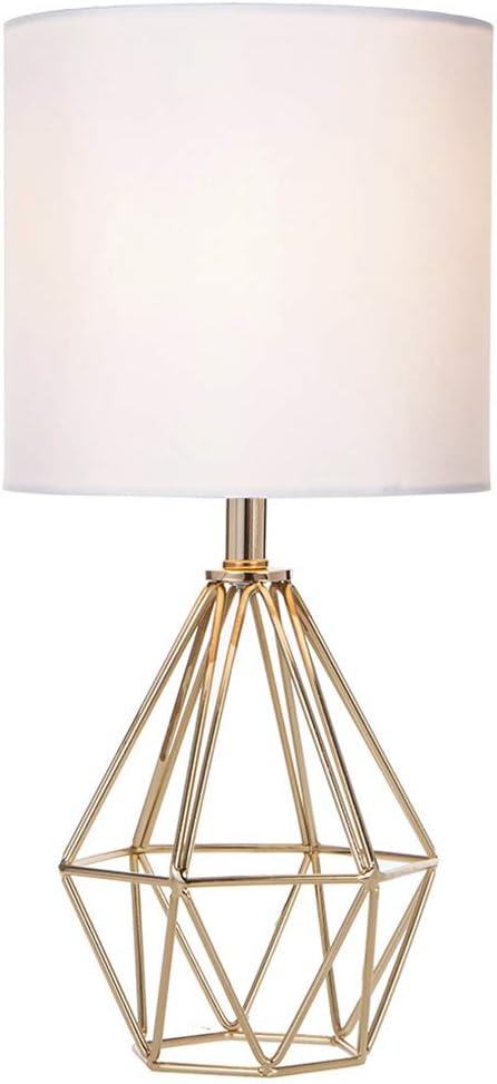 Gold Modern Hollow Out Base Bedroom Small Table Lamp, Bedside Nightstand Lamp with Geometric Metal Base White Fabric Shade, Cute Desk Lamp…