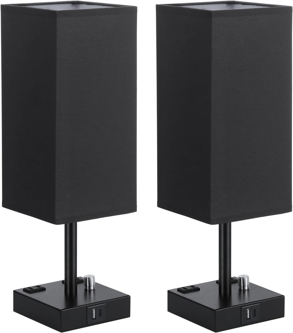 aooshine Black Fully Dimmable Nightstand Lamps Set of 2 - Table Bedside Lamp with USB C+A Charging Ports & 2 AC Outlets, Square Lamp Sets…