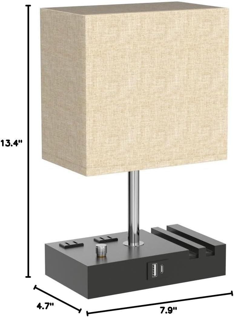 Kakanuo Table Lamp for Bedroom with Dual USB Ports, Beige Fully Dimmable Bedside Lamp with Phone Stands and 2 Charging Outlets, Desk Lamp…