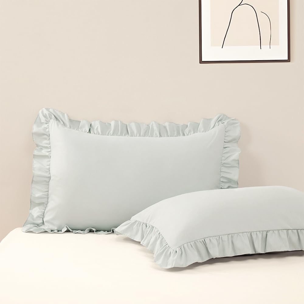 Sewdudely King Pillowcases Set of 2, 20x36 Pillowcase Envelope Closure Light Blue Ruffled Pillow Shams, Soft Breathable and Non Shri…