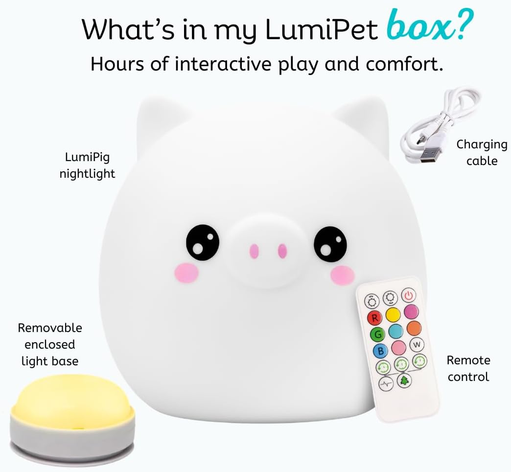 Lumipets Remote Control Silicone Night Light for Kids - Pig Design with 9 Soft Colors & Sleep Timer - Rechargeable, Battery-Operated Lamp…