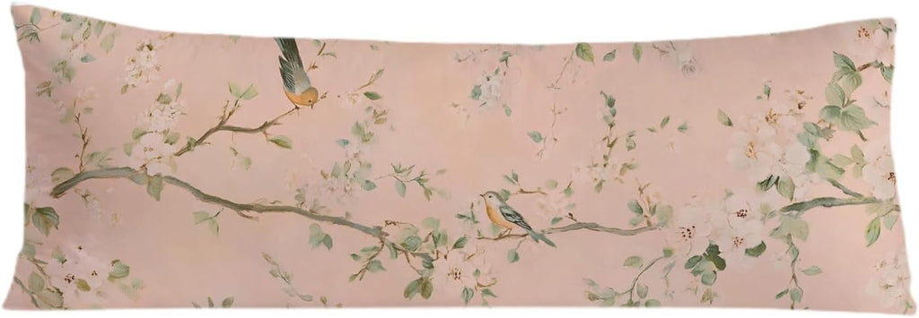 Vintage Pink Chinoiserie Bird 20x54 Body Pillow Cover, Chinoiserie Decor, Retro Cottagecore Flowers Aesthetic Bird Decorative Long Body…