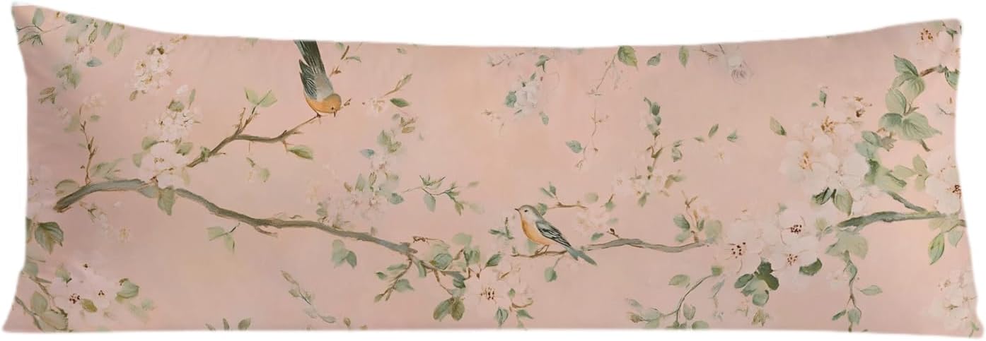 Vintage Pink Chinoiserie Bird 20x54 Body Pillow Cover, Chinoiserie Decor, Retro Cottagecore Flowers Aesthetic Bird Decorative Long Body…