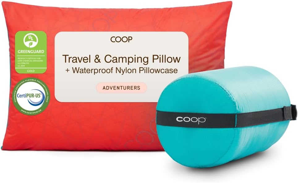 Coop Home Goods Original Adjustable Travel Pillow and Waterproof Pillow Protector Red Bundle with Compressible Stuff Sack, Medium-Firm…