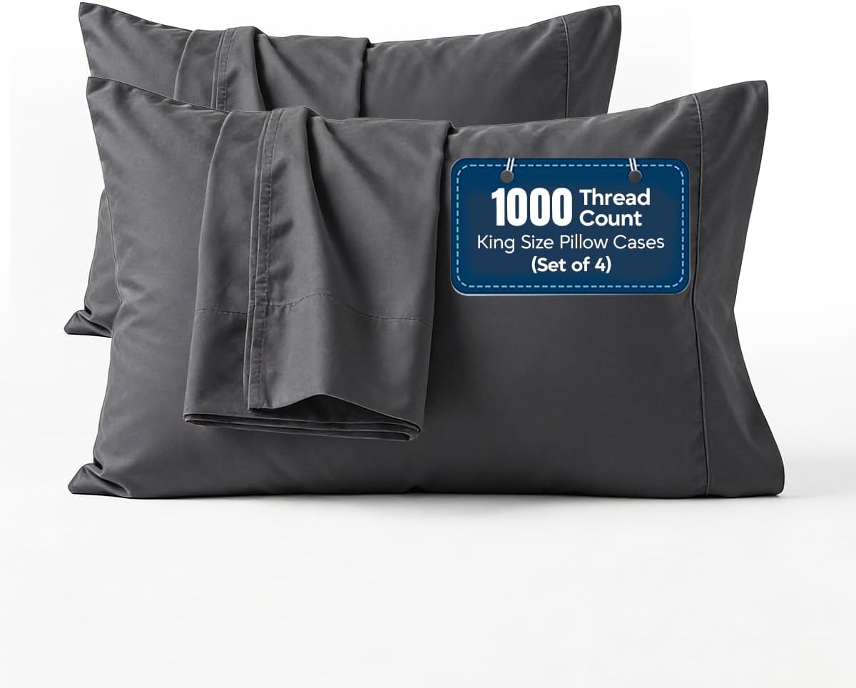 1000 TC Pillowcases Set of 4 100% Egyptian Cotton Pillow Cases with Long Staple Cotton & Sateen Weave, Silky Soft Hotel Like Bed Pillow…