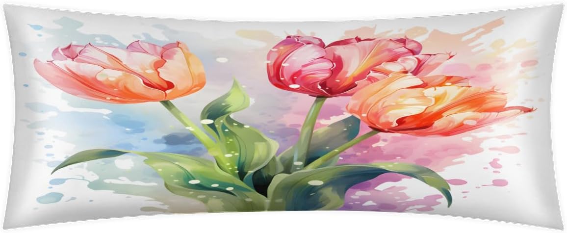 Aglebo Watercolor Tulips Body Pillow Covers Super Soft Satin Decorative Pillowcase with Hidden Zipper Cooling Breathable Case Rectangle Cov…