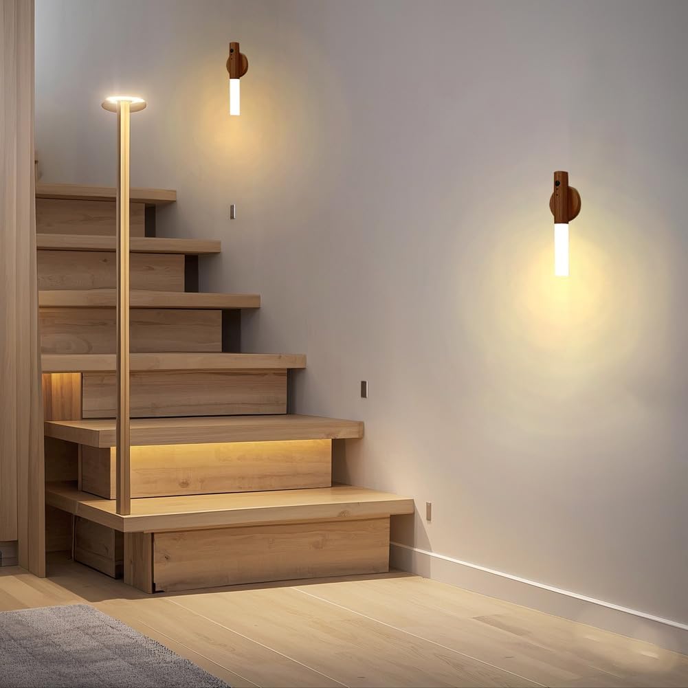 LANDGOO 2 Pack Walnut Night Lights with Motion Sensor & RGB Touch Control | USB-C Rechargeable Wood Wall Sconces Set for Bedroom Pair…