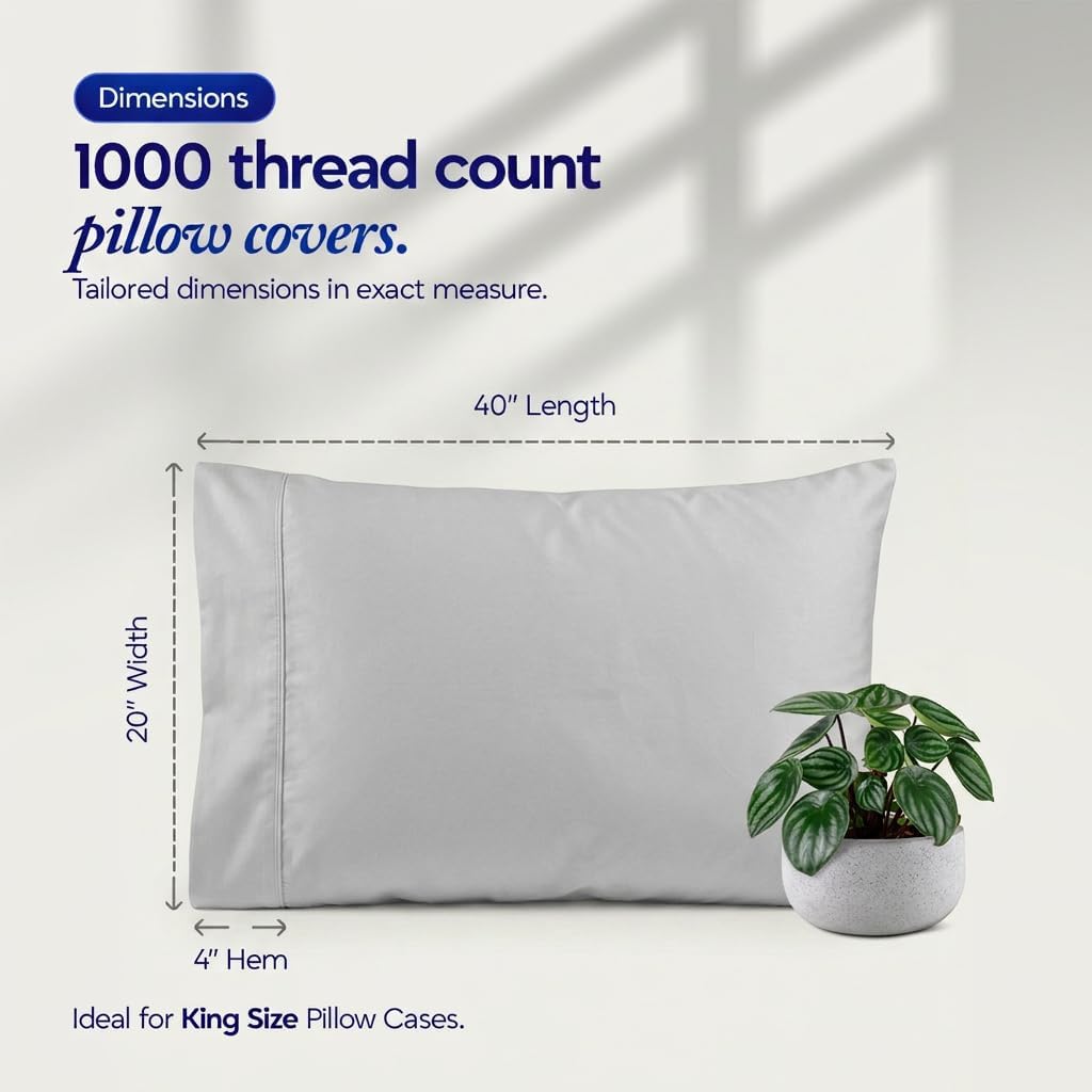 1000 TC Pillowcases Set of 4 100% Egyptian Cotton Pillow Cases with Long Staple Cotton & Sateen Weave, Silky Soft Hotel Like Bed Pillow…