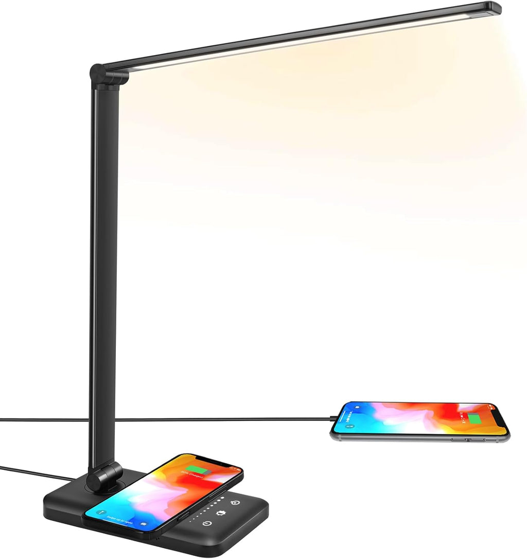 Jostic LED Desk Lamp with Wireless Charger, USB Charging Port, 10 Brightness, 5 Color Modes, Desk Lamps for Home Office, Dimmable Table Lam…