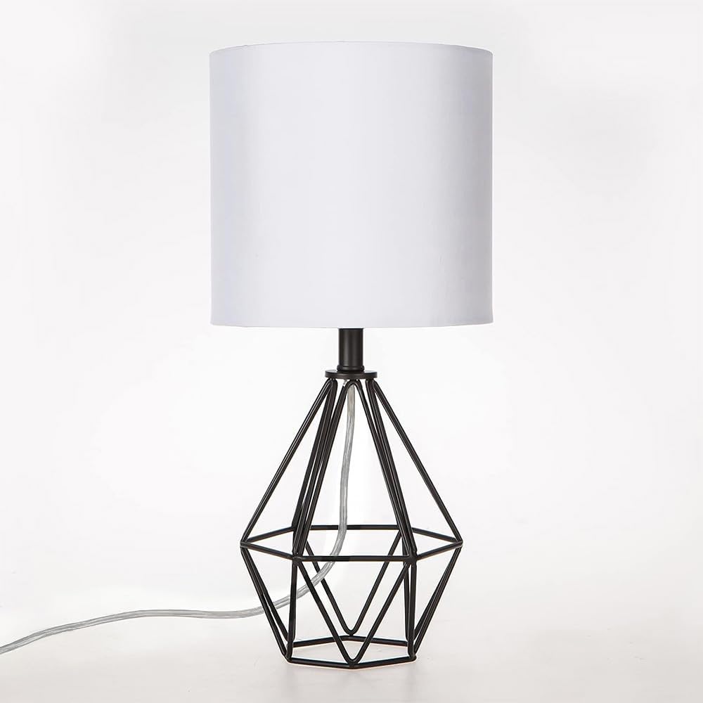 Black Bedside Table Lamp, Small Nightstand Lamp for Bedroom, Modern Desk Lamp with TC Fabric Shade Geometric Metal Base for Living Room…