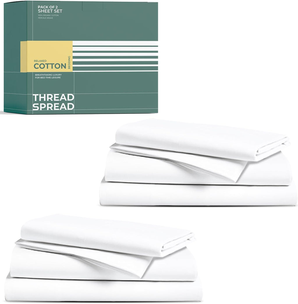 THREAD SPREAD 100% Organic Cotton Sheet Set Pack of 2 - Organic Cotton Twin XL Size Percale Weave Sheet Set, Soft, Cooling, Crisp &…