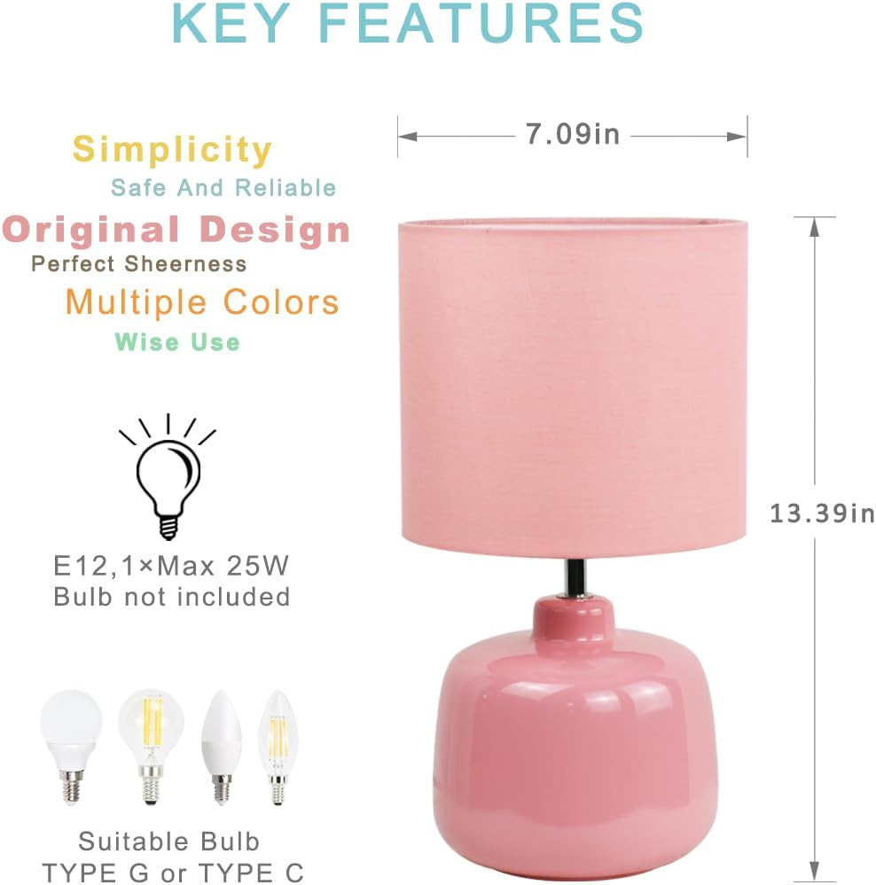 Oslo Small Ceramic Table Lamp for Living Room and Bedroom, Modern Kids Night Table Lamp, Φ7.09×H13.39IN, Bulb Excluded, Pink