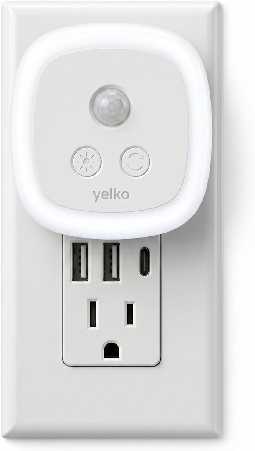 YELKO Motion Sensor Night Light - Plug-in Cool White Light Anti-Glare LED Nightlight, 5 Levels Adjustable Brightness, Timer Function for…