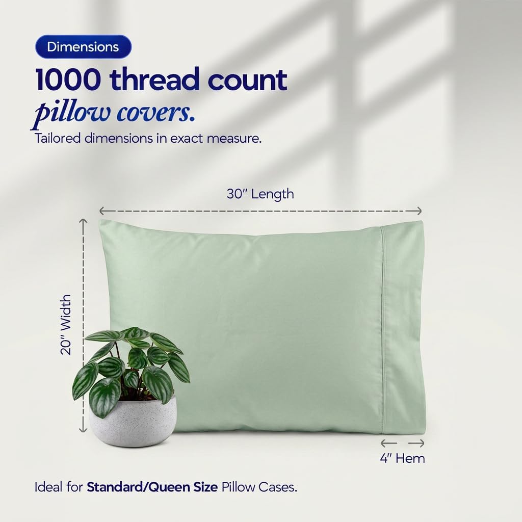 1000 TC Pillowcases Set of 4 100% Egyptian Cotton Pillow Cases with Long Staple Cotton & Sateen Weave, Silky Soft Hotel Like Bed Pillow…