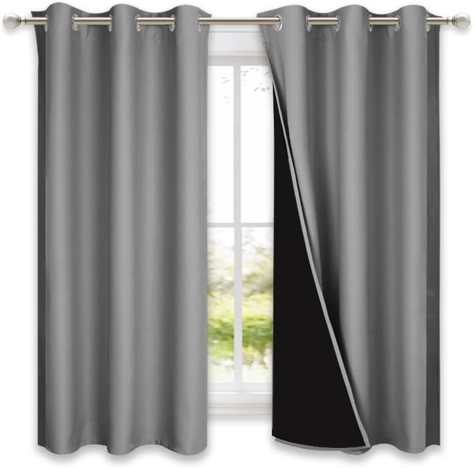 Nicetown 100% Blackout Curtains with Black Liners, Solid Thermal Insulated Full Blackout 2-Layer Lined Drapes, Energy Efficiency Window Dra…